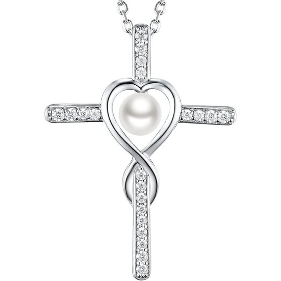 Infinity Heart Cross Necklace with Pearl‎ – Sterling Silver Christian Jewelry - Picture 1 of 3